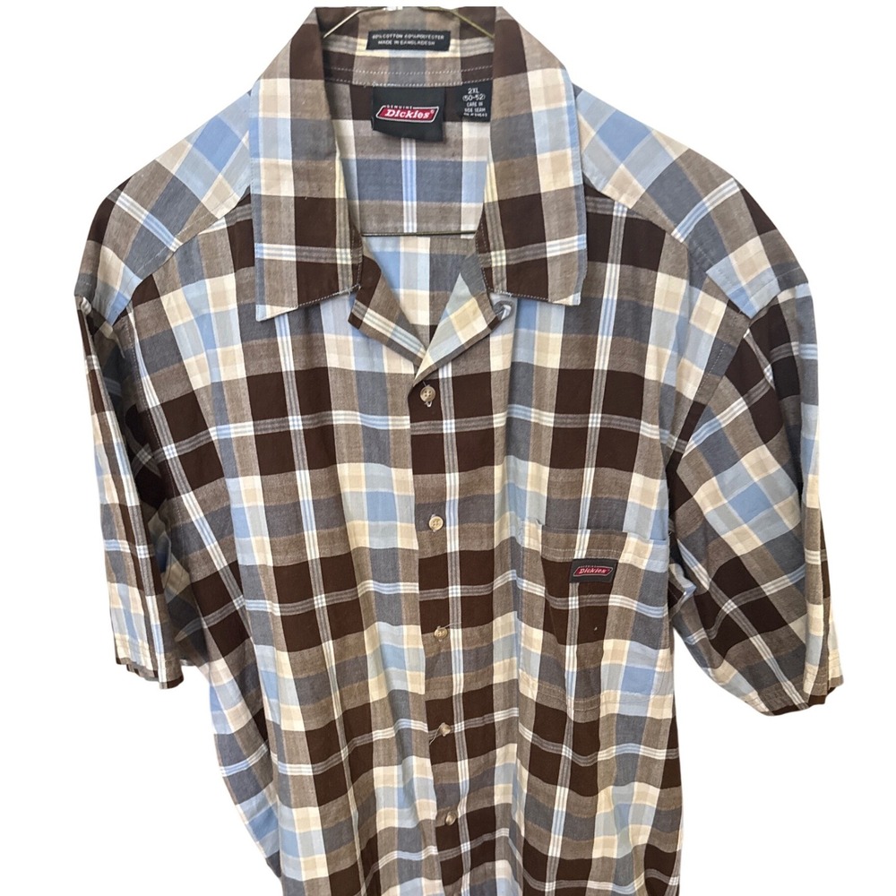 Genuine Dickies Mens 2XL Plaid Short Sleeve Button Down Shirt Brown Blue